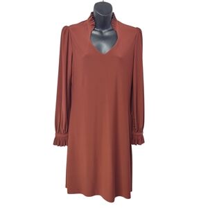 White House Black Market S Brown V-Neck Pleated Collar Long Sleeve Mini Dress